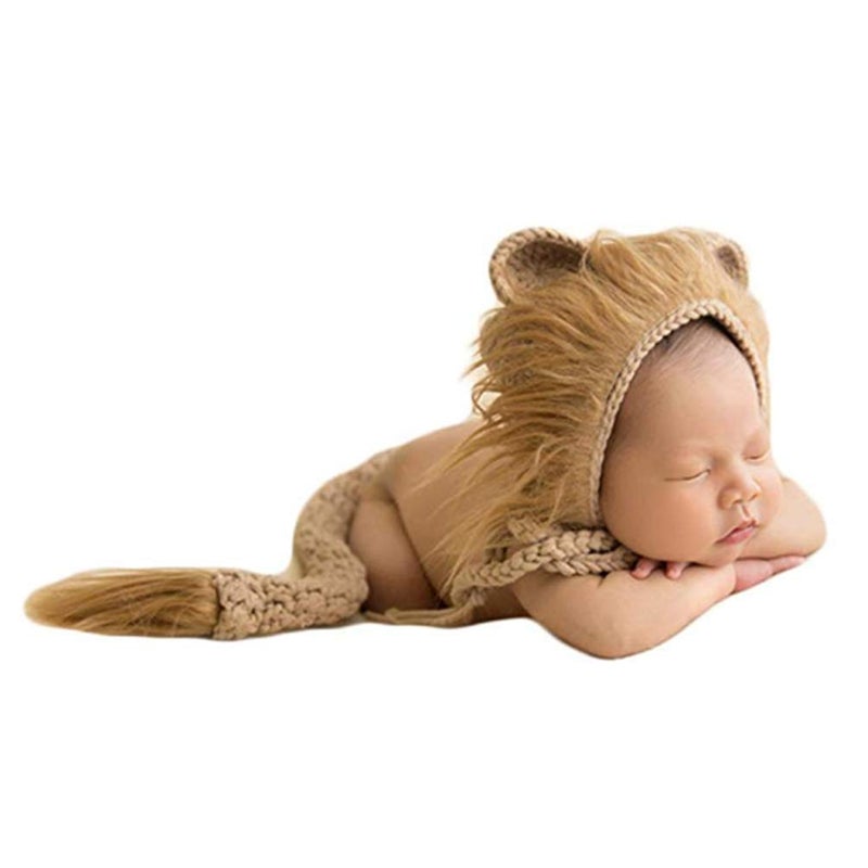 Vedory Baby Photography Props Lion Hats Tail Newborn Boy Girl Photo Shoot Outfits Crochet Costume Infant Knitted Clothes (Brown) - Image 1